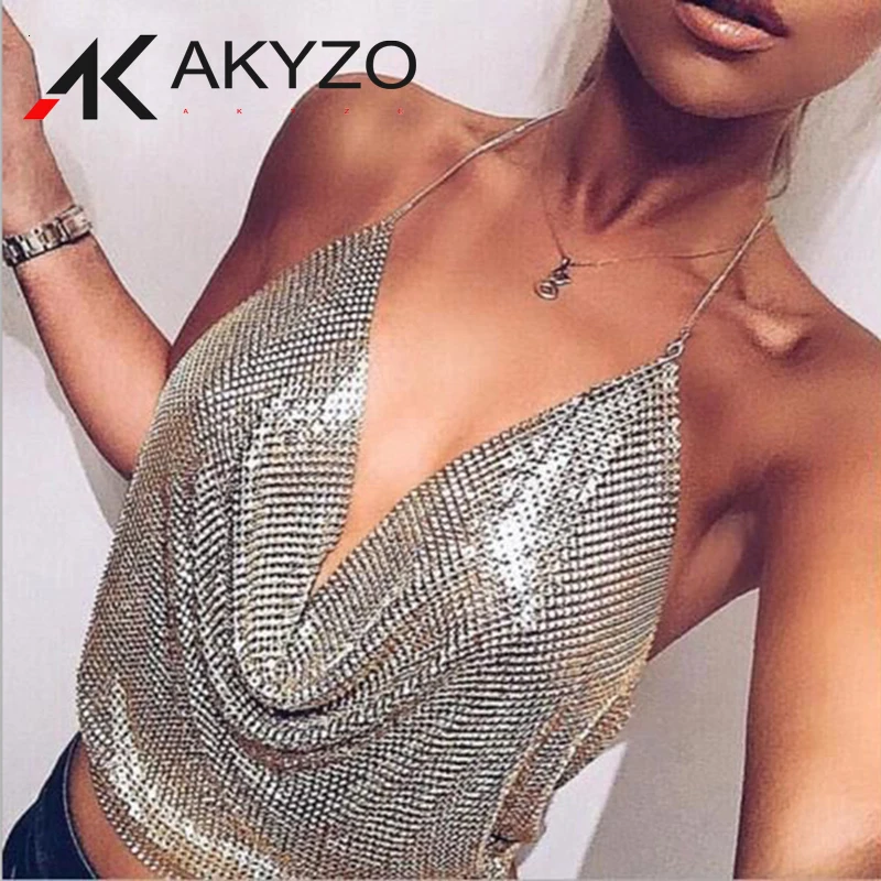 AKYZO-Top corto sin mangas con Espalda descubierta, camisola con tirantes con textura de Metal, Bralette de Club, Halter, lentejuelas doradas, Y2K