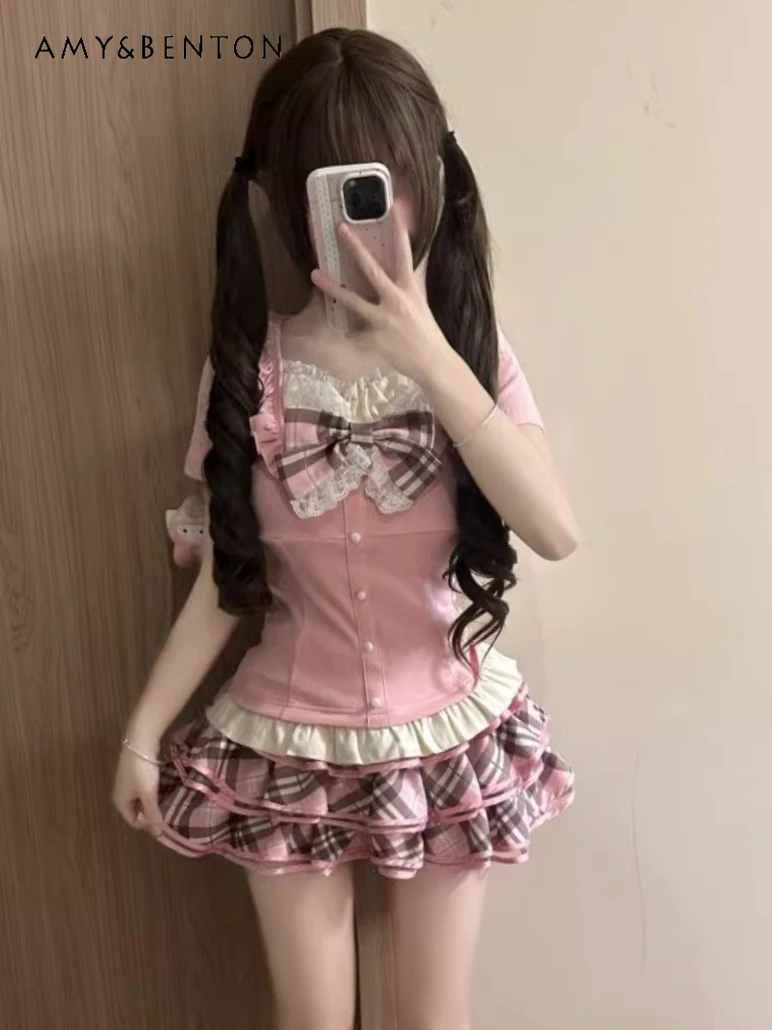

Summer New Original Vintage Lace Slim Short Sleeve Top Multi-layer Puffy Skirt Two-piece Japanese Plaid Hot Girl Cake Skirt Sets