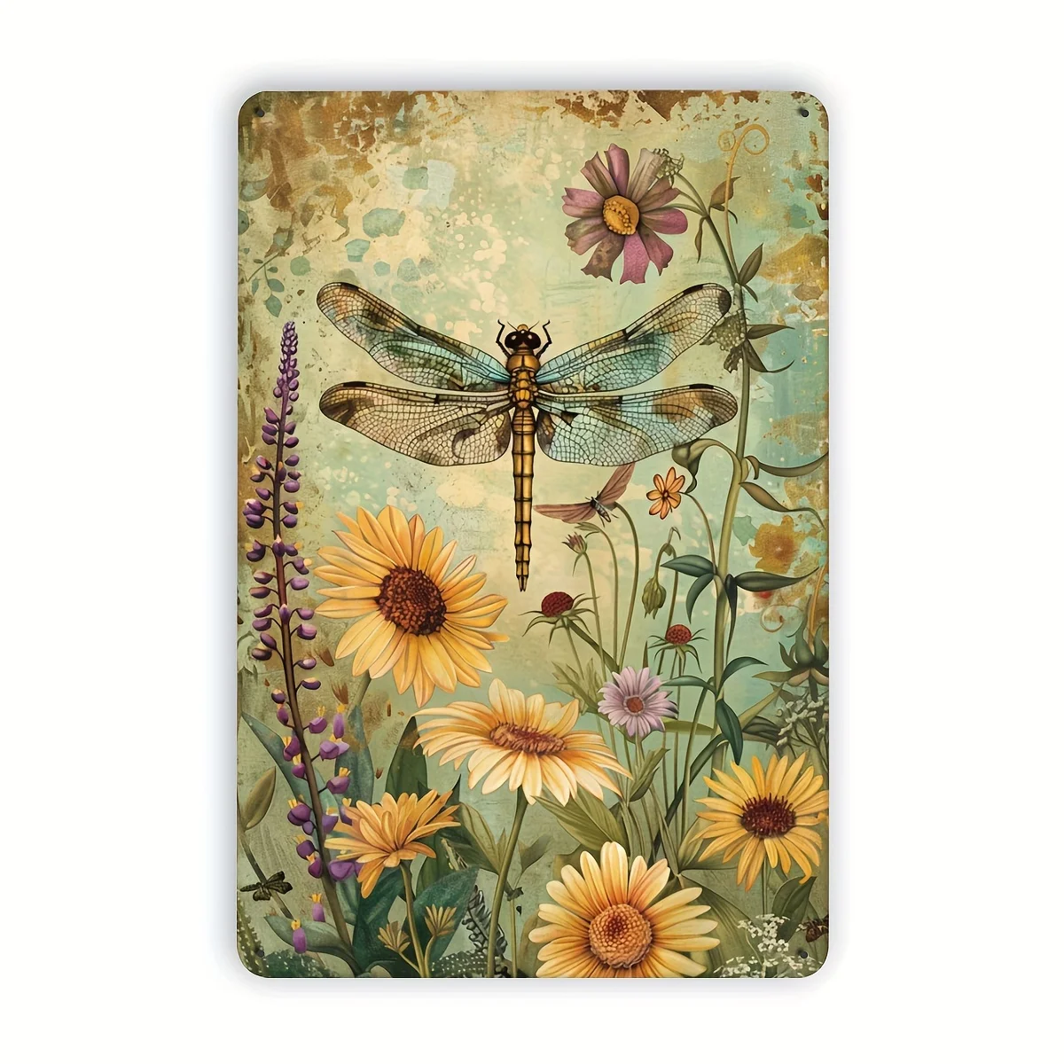 Pack of 1 Vintage Dragonfly & Floral Metal Tin Sign, Iron Wall Art Decor, Garden Cafe Garage Foil Engraving, , for Home Resta