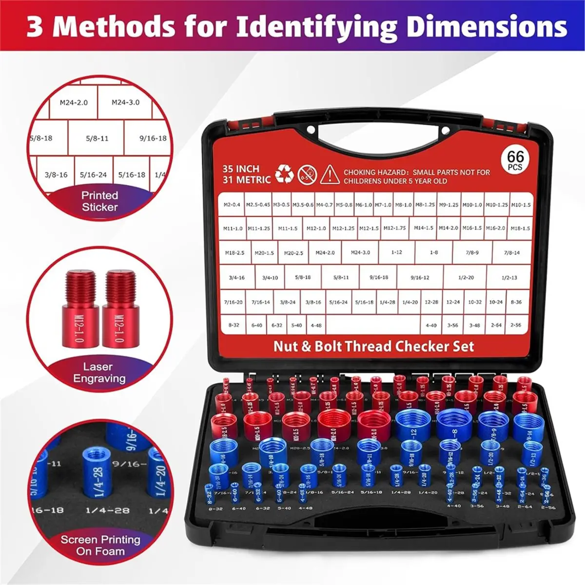 66Pcs Thread Checkers Nut and Bolt Thread Checkers Set with 35 Inch and 31 Metric Thread Gauge for SAE and Metric Sizes