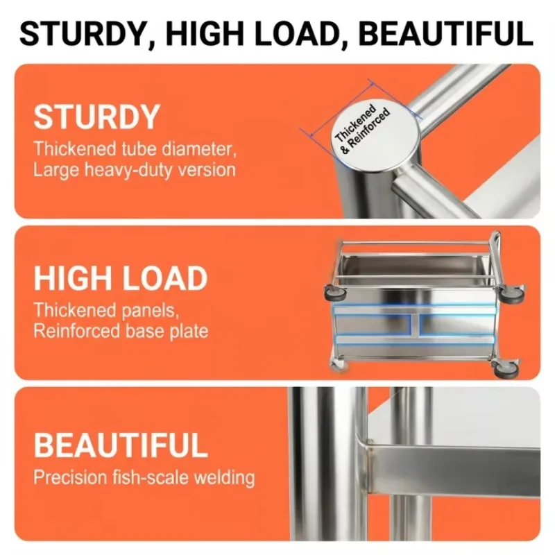 Mobile 2-Tier Stainless Steel Utility Cart 300kg Load Medical Lab Shopping Tools Trolley 5-Inch TPR Mute Wheels 100x60x76cm