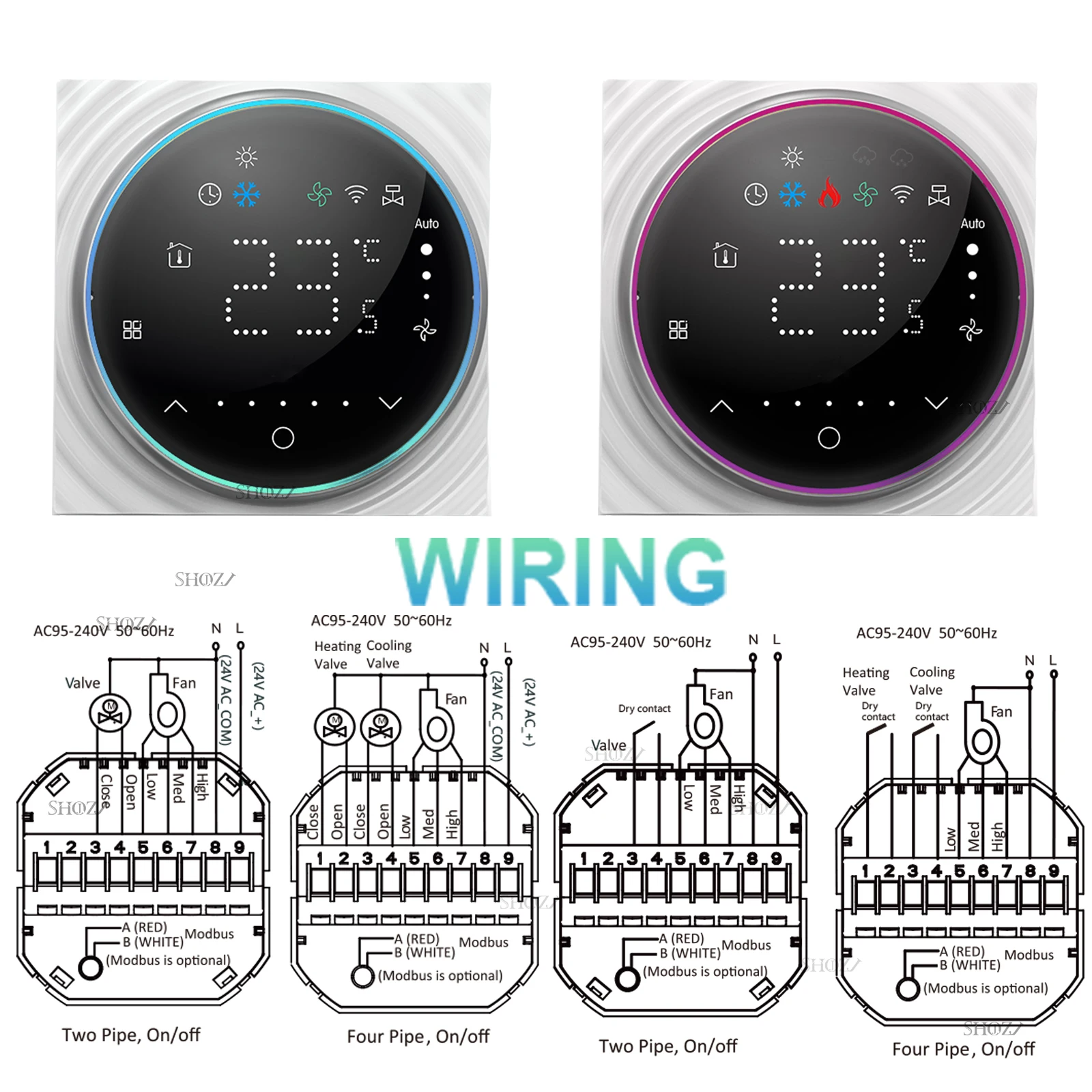 Imagem -06 - Termostato Inteligente Programável Wi-fi Tuya para Controle de Aquecimento e Refrigeração com Interruptor de Válvula de Contato Seco Display Digital Led Ventilador de Três Velocidades para Sistema de ou Tubos. fu