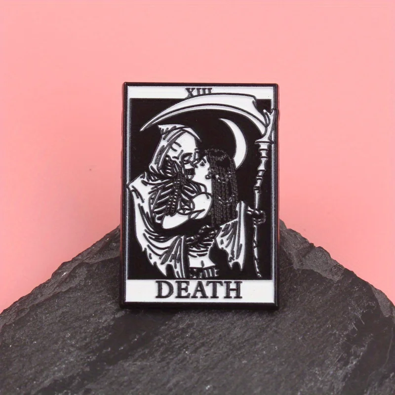 Death's Gothic Embrace - Obsidian Tarot Brooch with Moonlit Scythe & XIII Omen
