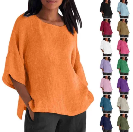 2026 Summer New Women's Three-Quarter Sleeve Casual Loose Round Neck Cotton Linen Shirt Top 25 Colors