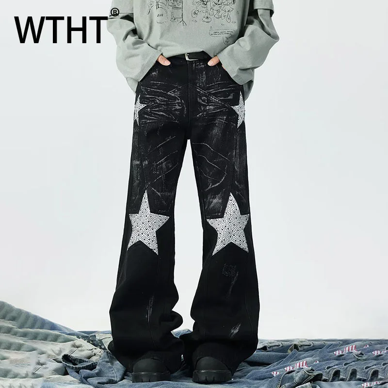 

WTHT винтажные мужские джинсовые брюки контрастного цвета с вышивкой, модные осенние прямые джинсы в американском стиле 2022, мужские 2A2260