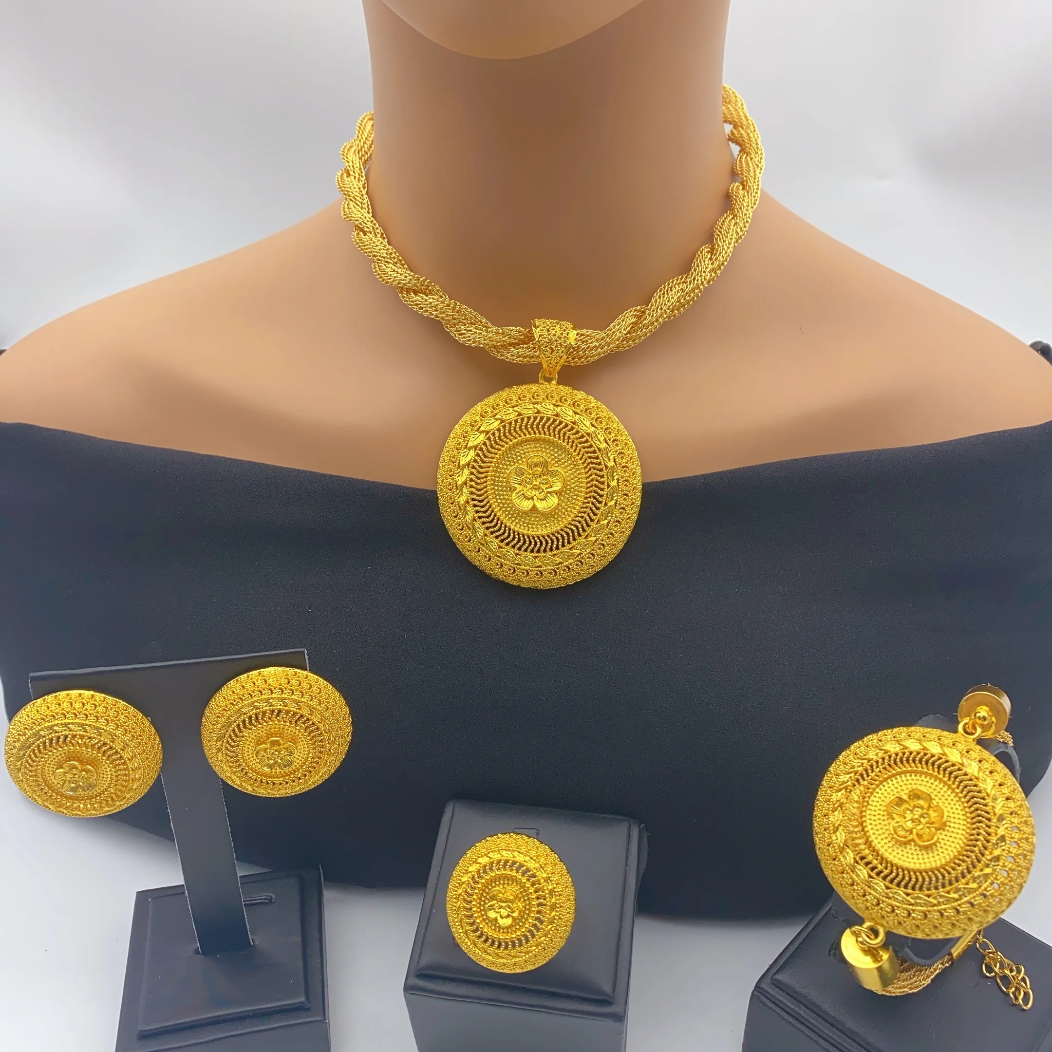 ANIID Dubai Luxus 24k vergoldete Halskette und Ohrringe Schmucksets für Frauen äthiopisches indisches Brautset Hochzeitsgeschenke