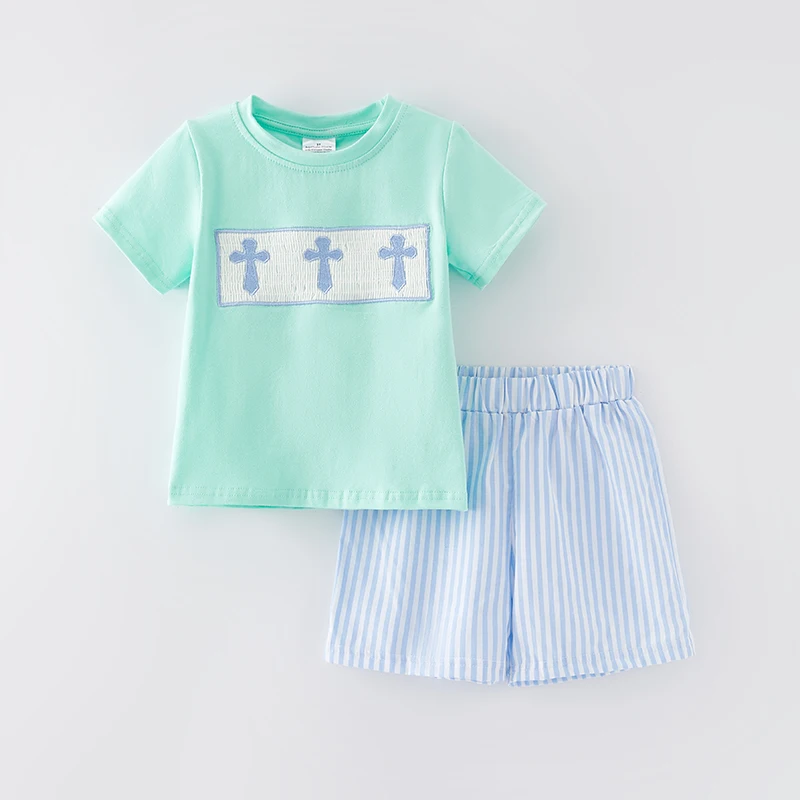 Girlymax Boys Easter Cross Embroidery Smocked Short Sleeve Top+Striped Shorts Outfit Set Boutique Kids clothing