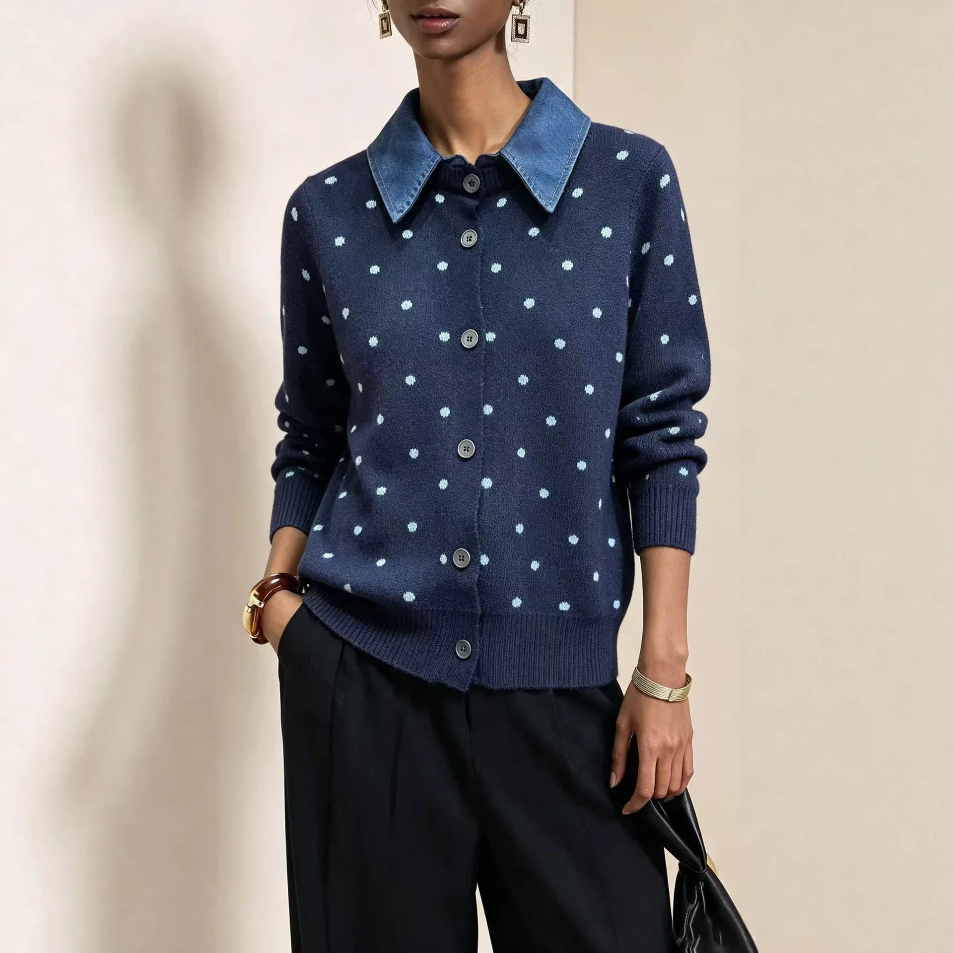 Women Knitted Denim Cardigan Sweaters Polka Dot Jumpers Fake Two Piece Turn Down Collar Long Sleeves Single Breasted 2026 Autumn
