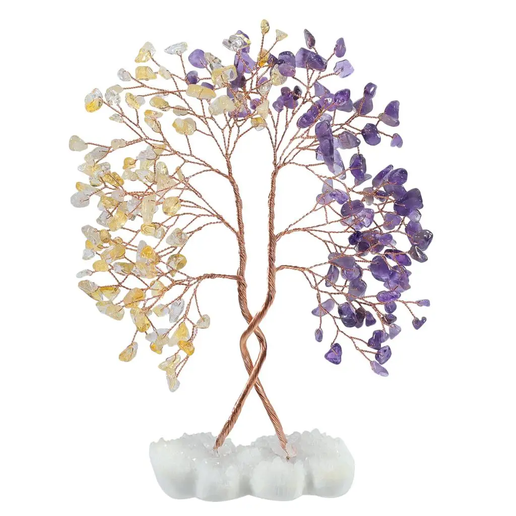 Natural Rose Quartz Amethyst Crystal Tree With Double Heart Rock Quartz Cluster Stone Base Lucky Money Tree Home Decoration