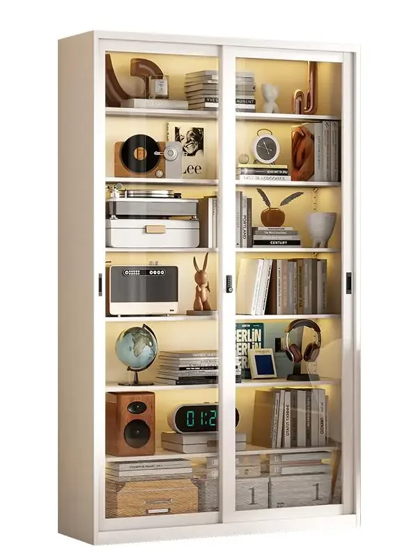 

Steel sliding door bookcase integrated whole wall household floor children's bookshelf with glass door dust storage locker