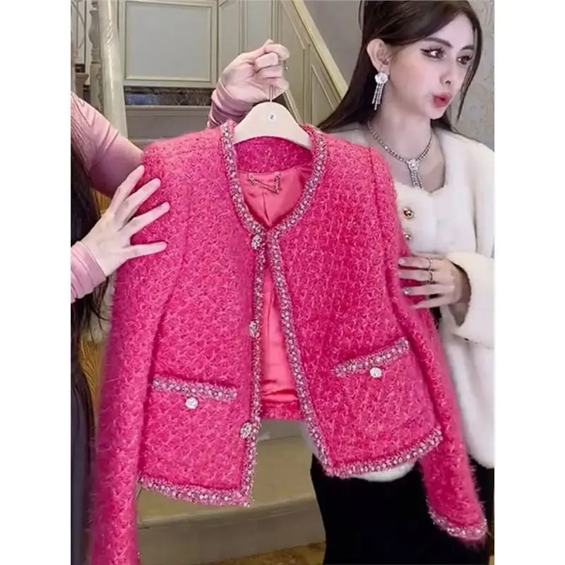 [oein] Winter High-end Socialite Rose Pink Heavy Industry Nail Bead Round Neck Cardigan