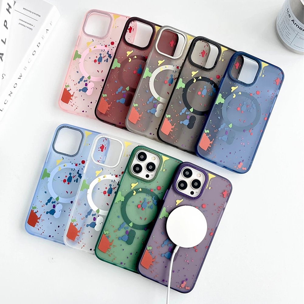 For Magsafe Wireless Charging Graffiti Polka Dot Case For iPhone 15 14 13 12 Pro Max Metal Lens Ring Protective Magnetic Cover