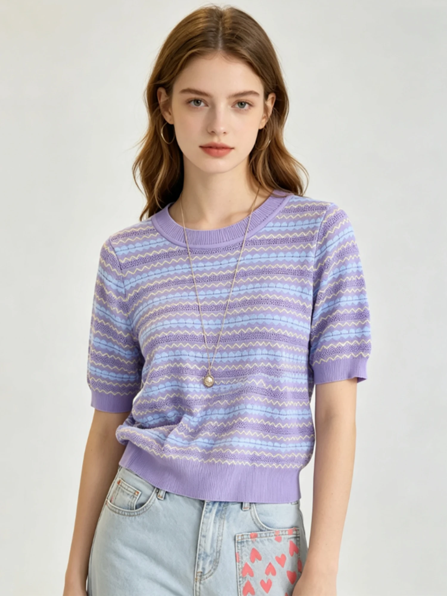Women's Purple Stripe T-shirt Hollow Out Short Sleeve Knit Top Y2K Gyaru Vintage Korean Style O-Neck Knitwear for Women Summer