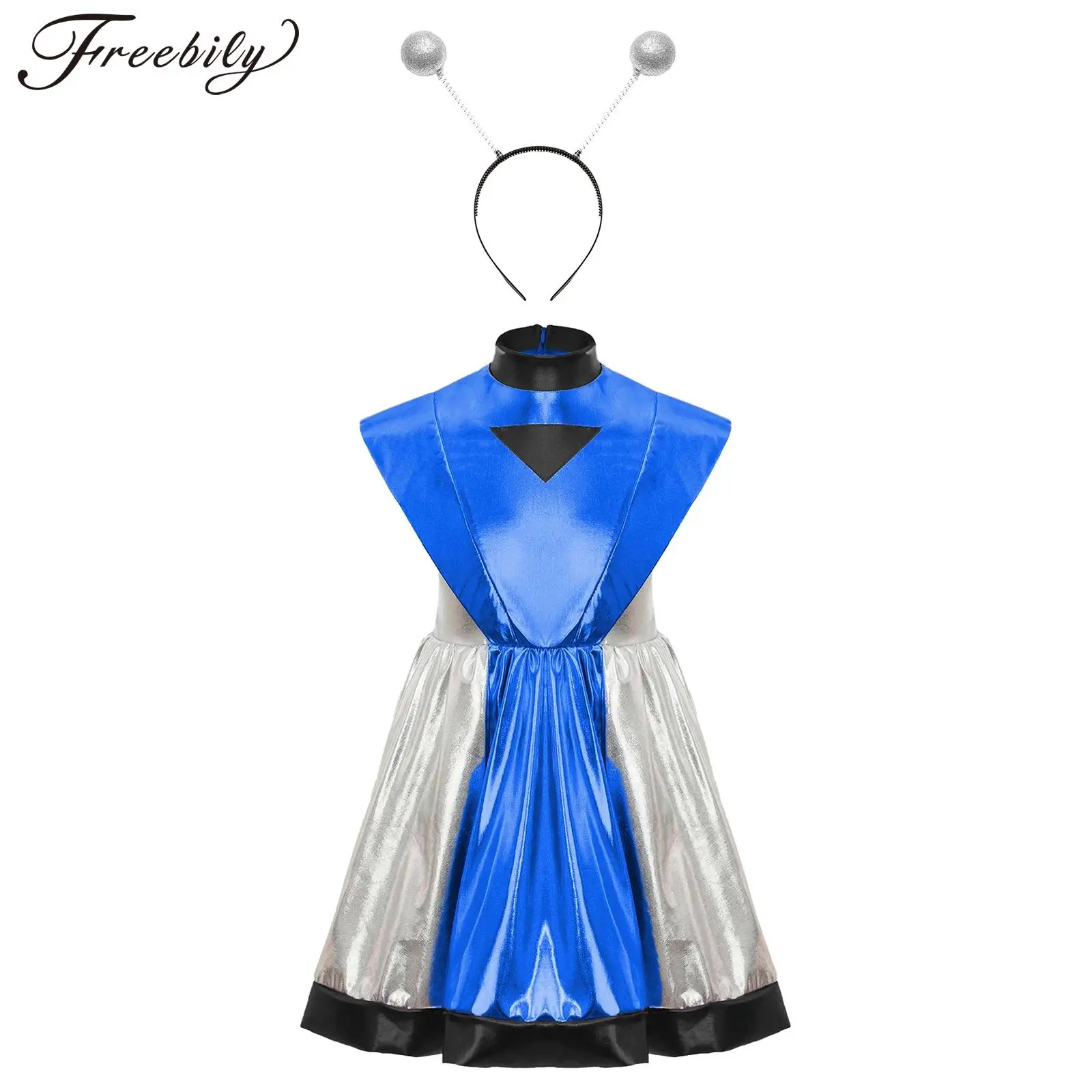 

Children Galaxy Robot Cosplay Halloween Costume Shiny Metallic Alien Costume Kids Girls Outer Space Cosmic Dress with Hair Hoop