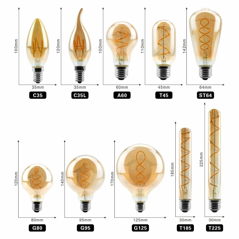 Retro Vintage Lamps 4W 2200K Spiral Light LED Filament Bulb A60 T45 ST64 G80 G95 G125 Decorative Lighting Dimmable Edison Lamp