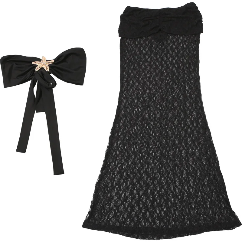 YUZHEXI بدلة مطابقة للشاطئ من الدانتيل على شكل نجم البحر 2025 ملابس نسائية مثيرة بدون ظهر براليت علوي وفستان شفاف طقم مكون من قطعتين أبيض