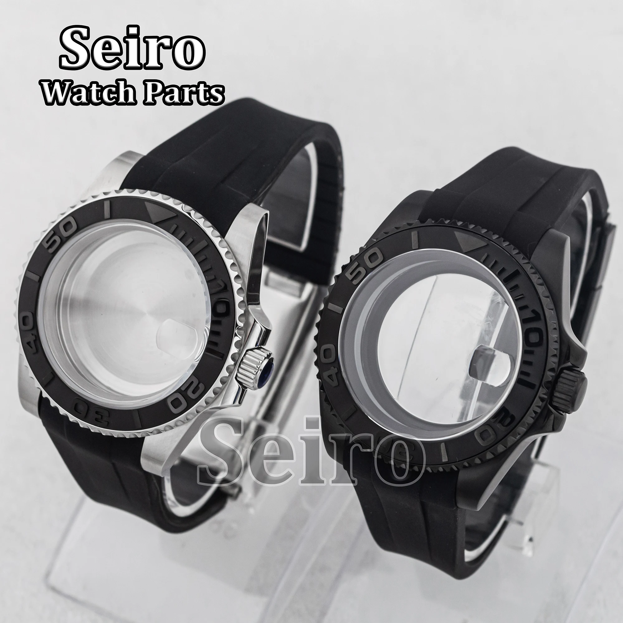 

40MM NH35 Case Rubber Strap Sapphire Glass 10ATM Waterproof Silver PVD Black Watchcase for Yacht-master NH34 NH36 Movement