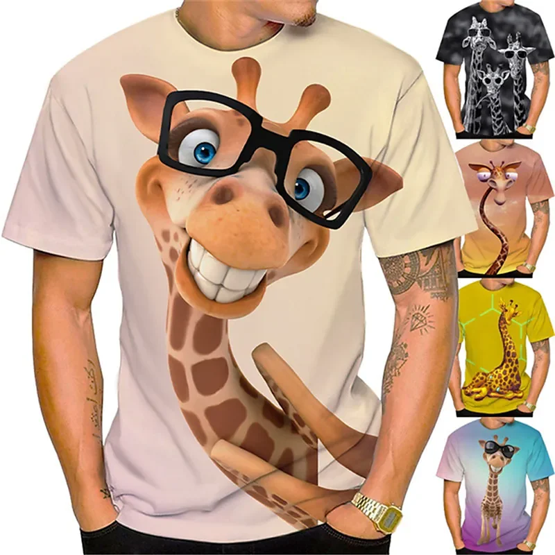 Summer Men\'S 3d Printed Giraffe Animal T-Shirt Fashion Casual O Collar Short Sleeve Street Funny Fun Loose Breathable Top