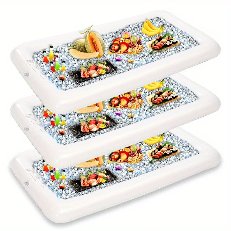 Joyfy - Juego de 3 Bandejas Inflables para Servir, Enfriador de Bebidas, Bandejas para Servir Ensaladas con Tapón de Drenaje, Portavasos para Comida y Bebidas para Picnic de Verano