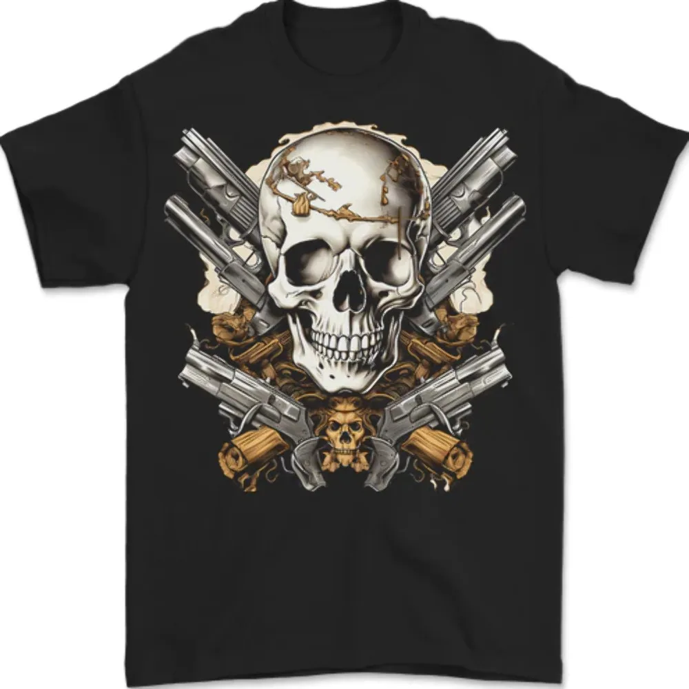 

A Skull With Guns Cowboy Biker Mens T-Shirt 100% Cotton Outdoor casual fashion trendy T-shirt