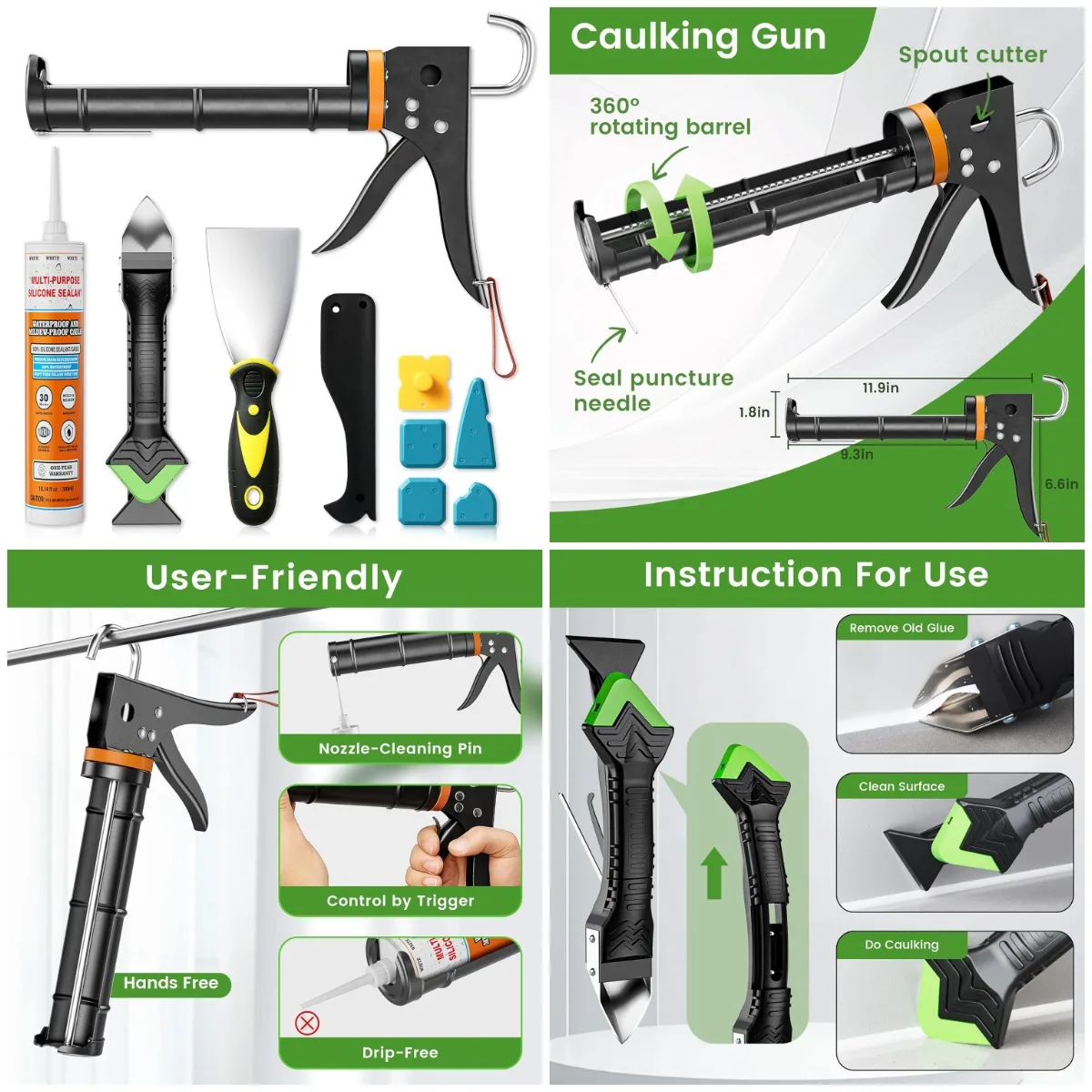 

Комплект пистолета для герметика 5-в-1 со съемником и силиконовым скребком