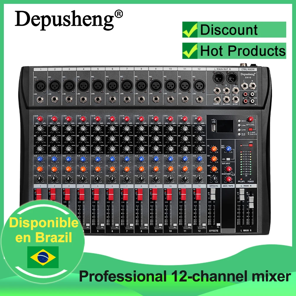 Mixer de Áudio Profissional DEPUSHENG DX12, Console de Áudio de Estúdio de 12 Canais, Entrada USB MP3, Console DJ com Alimentação Phantom de 48v