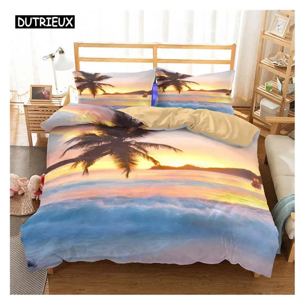 

Ocean Duvet Cover Set Queen Size Tropical Island with The Palm Trees and Sea Beach Nature Theme Print Twin Bedding Set for Teens