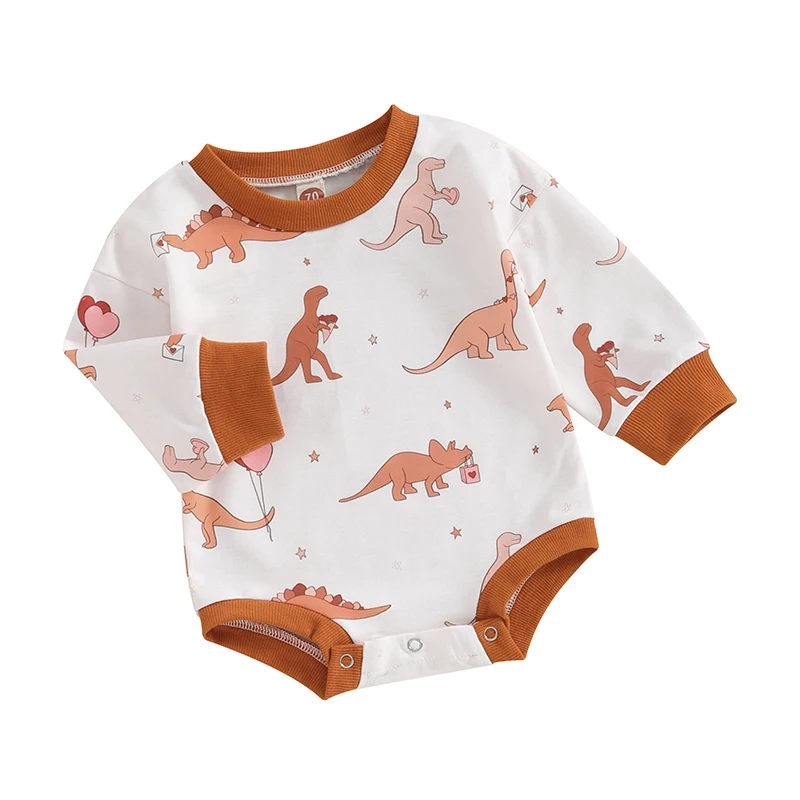 

Baby Sweatshirt Romper Cute Dinosaur Print Long Sleeve Round Neck Bodysuit Valentine’s Day Playsuit