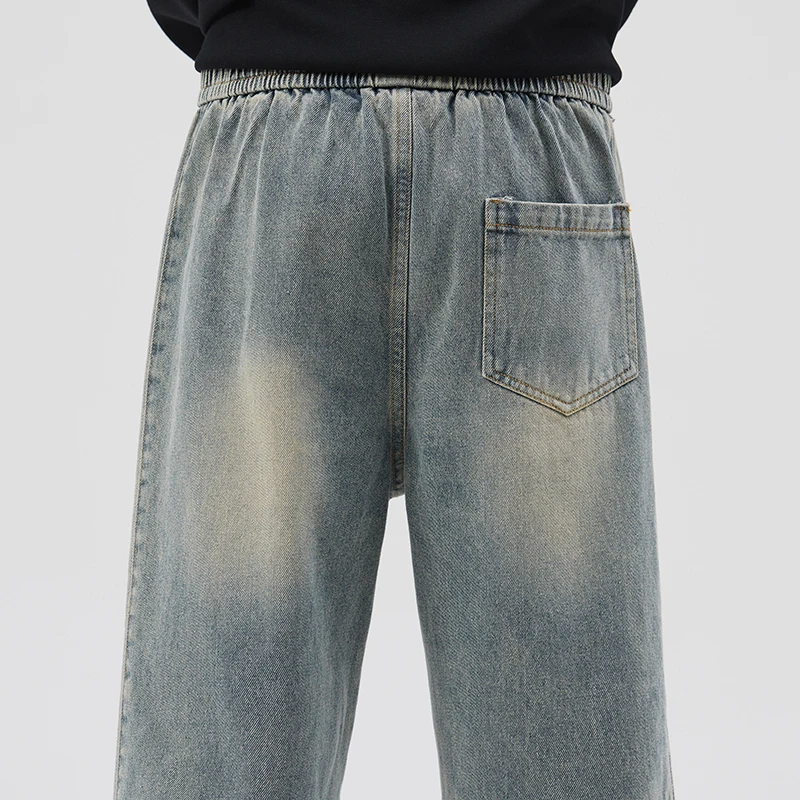Mens Baggy Pants Jeans Loose Fit Wide Leg Denim Pants Retro Blue Black Elastic Waist Side Striped Students Cowboys Male Trousers