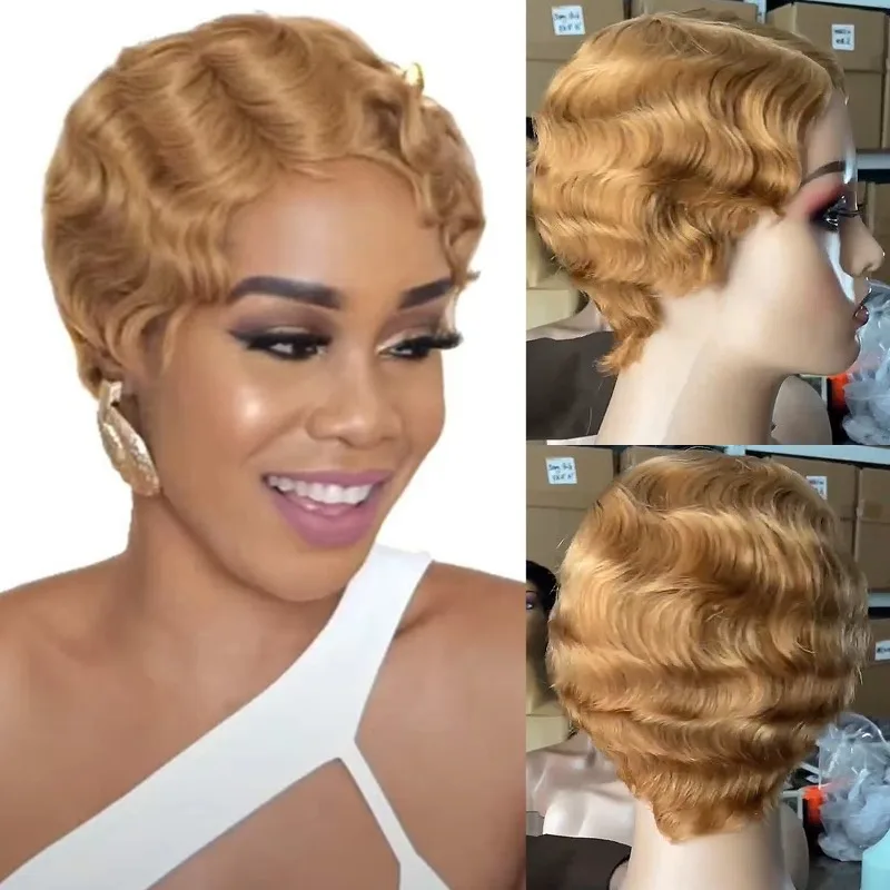 Premium Full Mechanism Pixie Cut Wave Non Adhesive Wig Shanghai Head #1B#27#30#99J Multi Color Selection Brazilian Virgin Remy