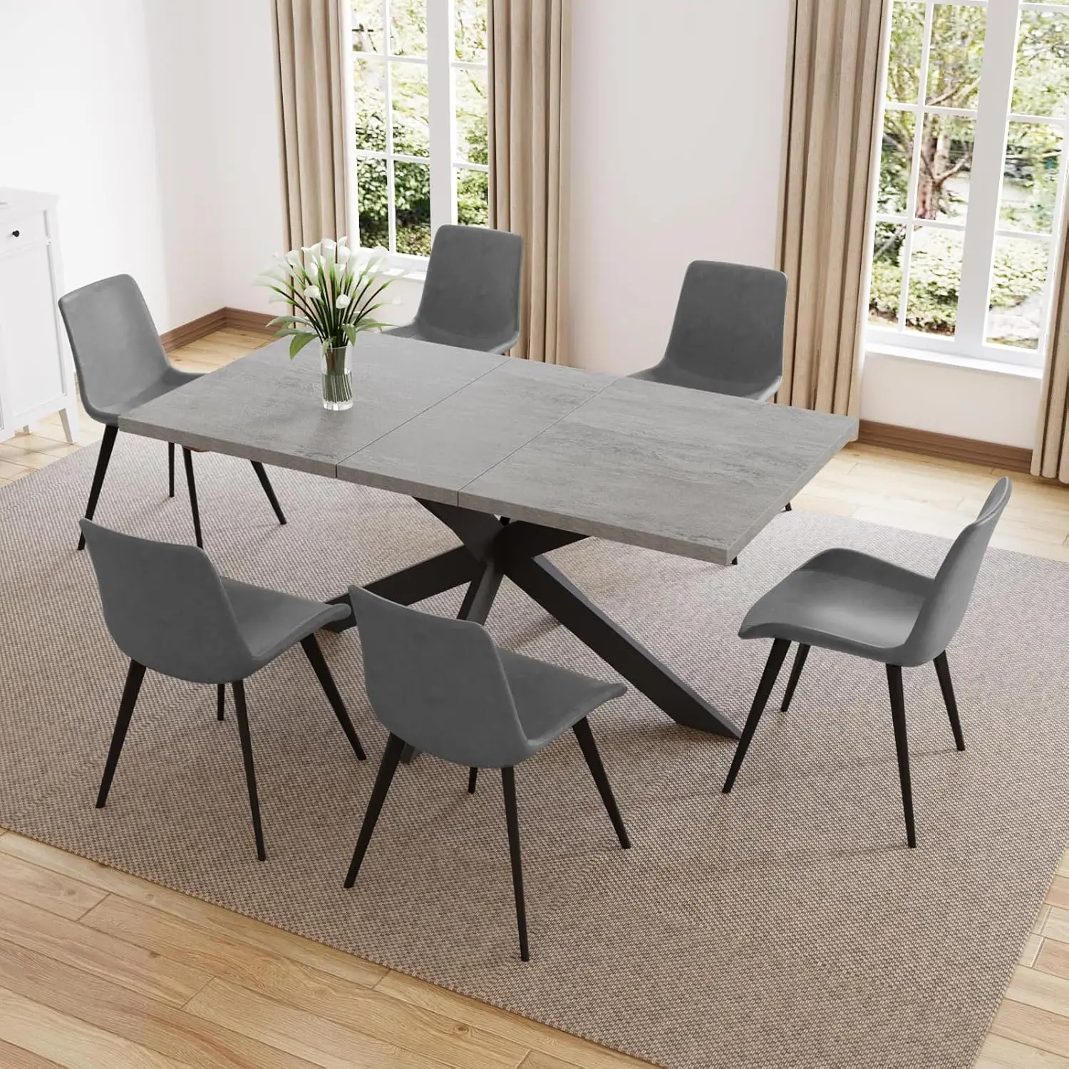 6-inch dining table set, 67 inch modern dark wood dining table and fabric dining chair 6-piece set, table and chair 6-piece set