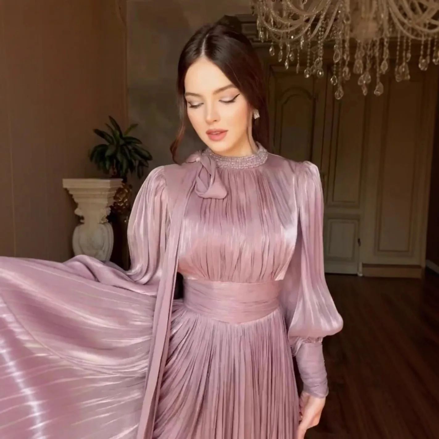 New Autumn and Winter Styles for Women. A Long Evening Dress with Hot-fixed Rhinestones, A Cinched Waist and Tie Straps.