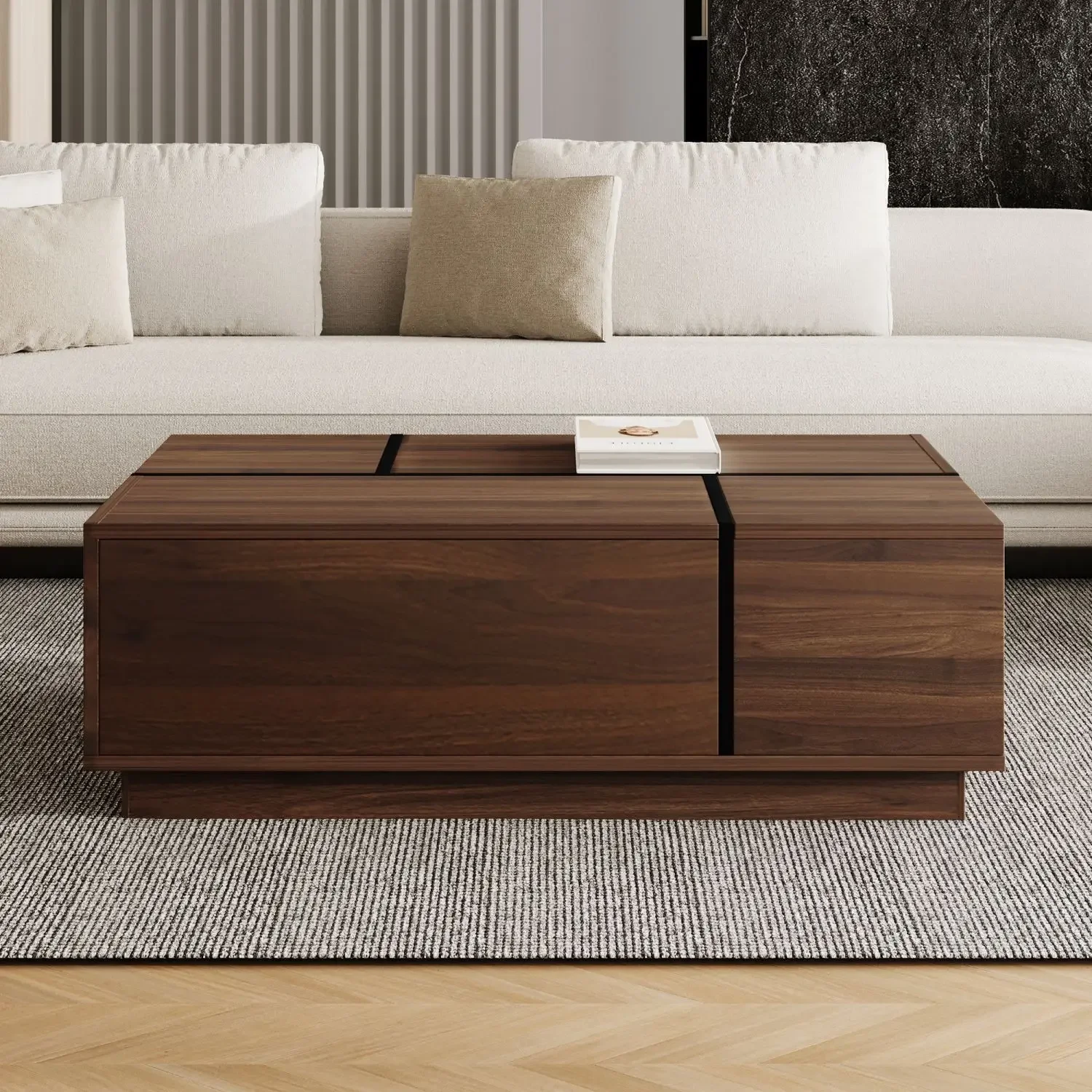 Table basse rectangulaire coulissante avec 2 tiroirs et 2 rangements cachés pour le salon 47,2" (noyer), tables basses