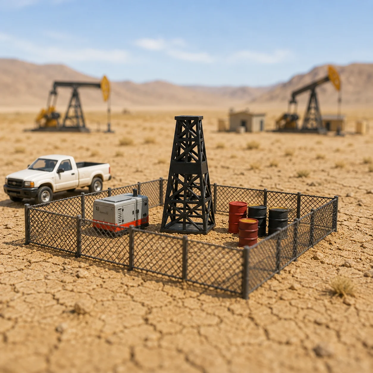 Miniature Oil Well Frame Oil Storage Barrel Set, Mini Industrial Petroleum Equipment Model, Collection for Miniature Enthusiasts view 4