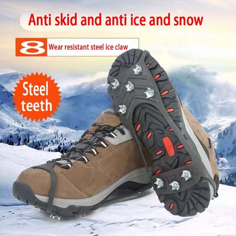 Pinza de hielo de 8 dientes para zapatos, para invierno, exterior, antideslizante, senderismo, montaña, escalada, hielo, nieve, crampones, cubiertas