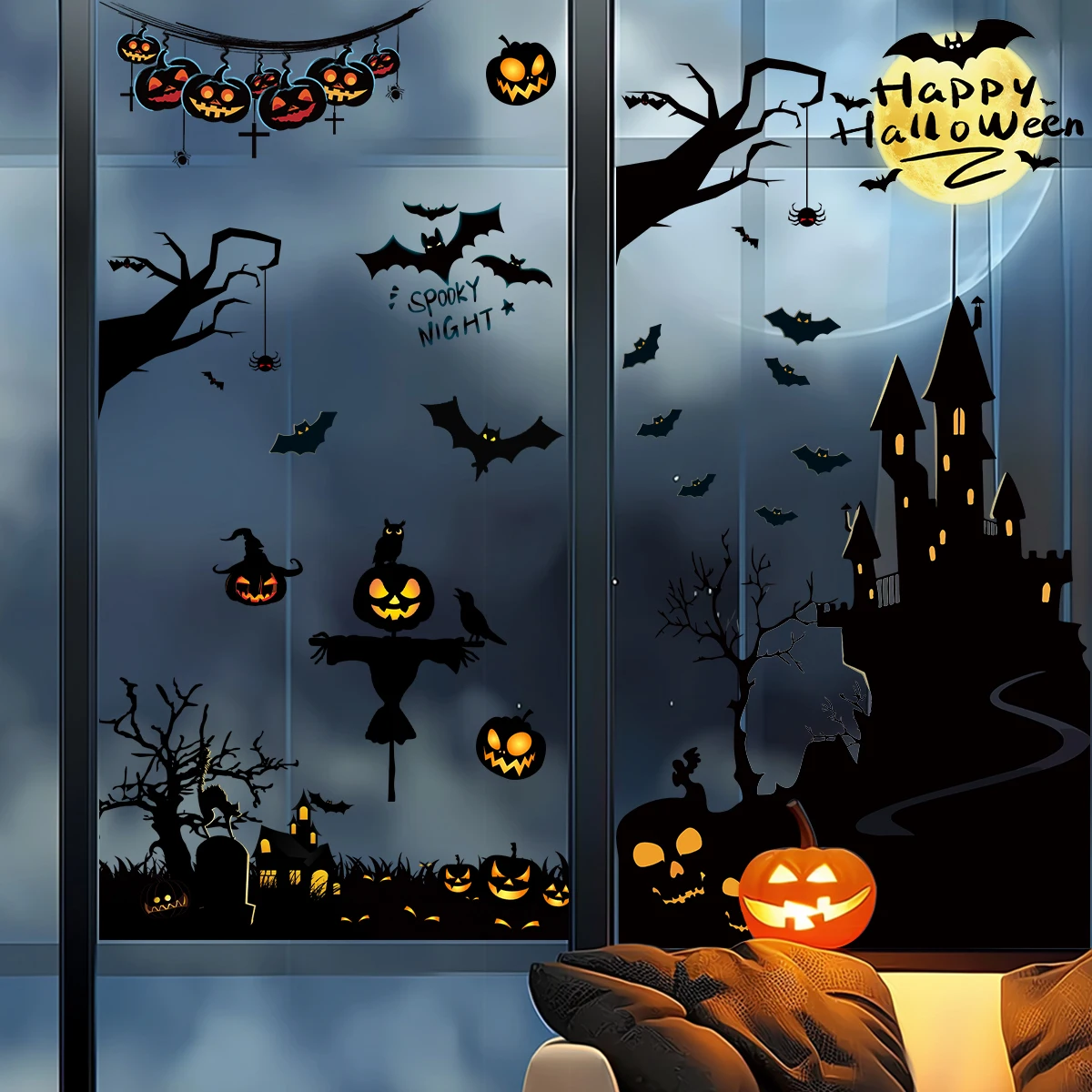 3pcs Halloween Castle Bat Silhouette Windows Stickers for Bedroom Decoration Living Room Decor Background