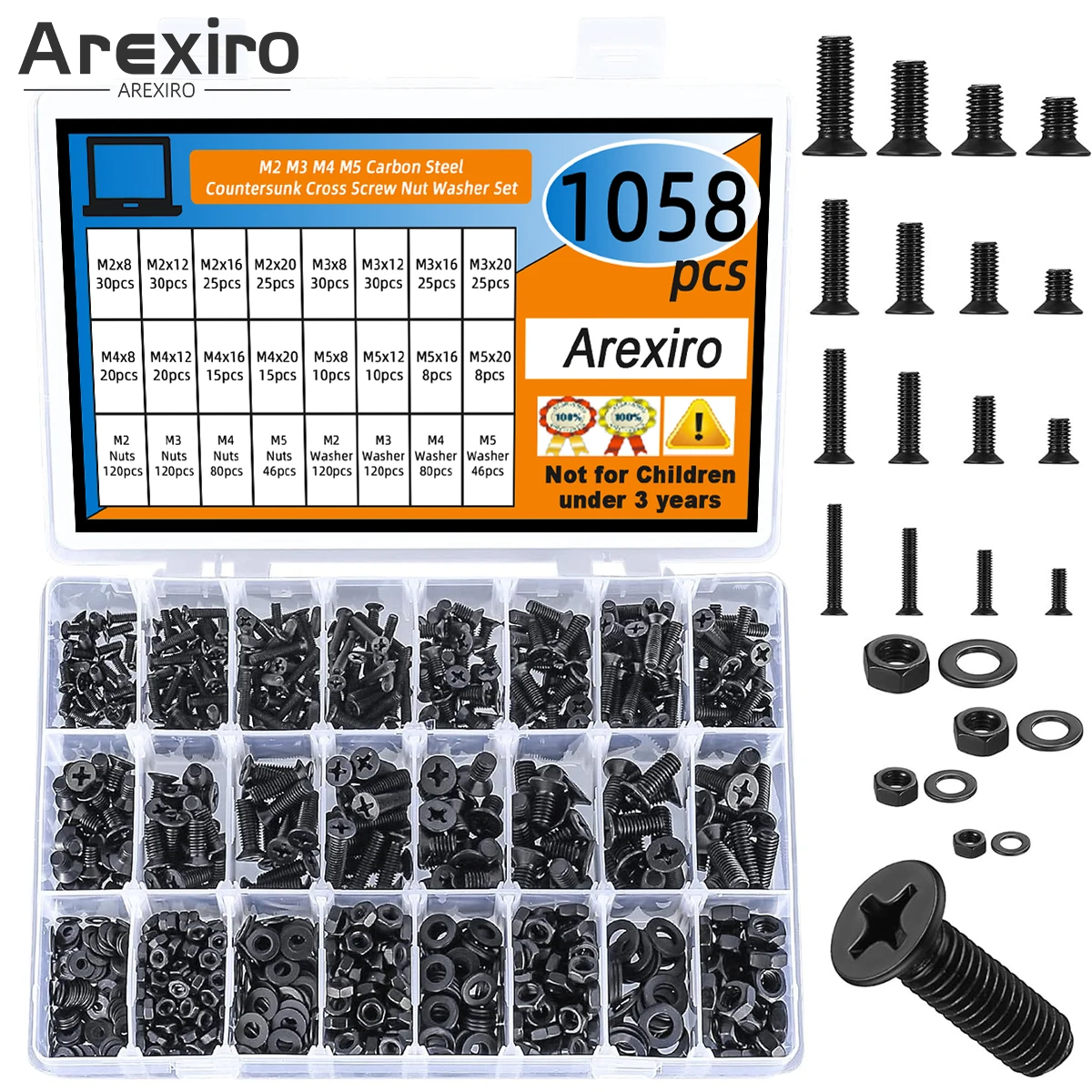 1058Pcs M2 M3 M4 M5 M2x8/12/16/20 M3x8/12/16/20 M4x8/12/16/20mm Black Cross Flat Head Carbon Steel Screw and Nut and Washers Set