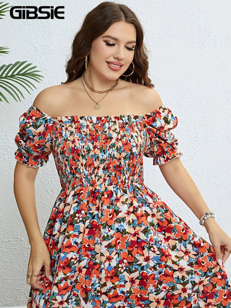 GIBSIE Floral Print Square Neck Puff Sleeve Dress Women Plus Size Vacation Boho Beach Ruffle Hem A-line Summer Long Dresses 2024