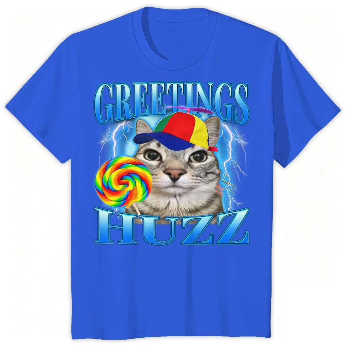 Greetings Huzz Funny Cat Meme T-Shirt, Cute Cat with Propeller Hat & Lollipop Viral Internet Graphic Tee for Men Women