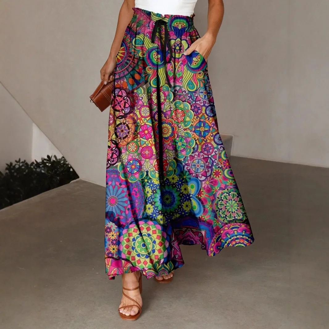 Bohemian Style Women's Loose 3D Print Pleated Skirt 2025 New Fashion High Waist Slim Fit Versatile Lazy Style Beach Skirt  Loose