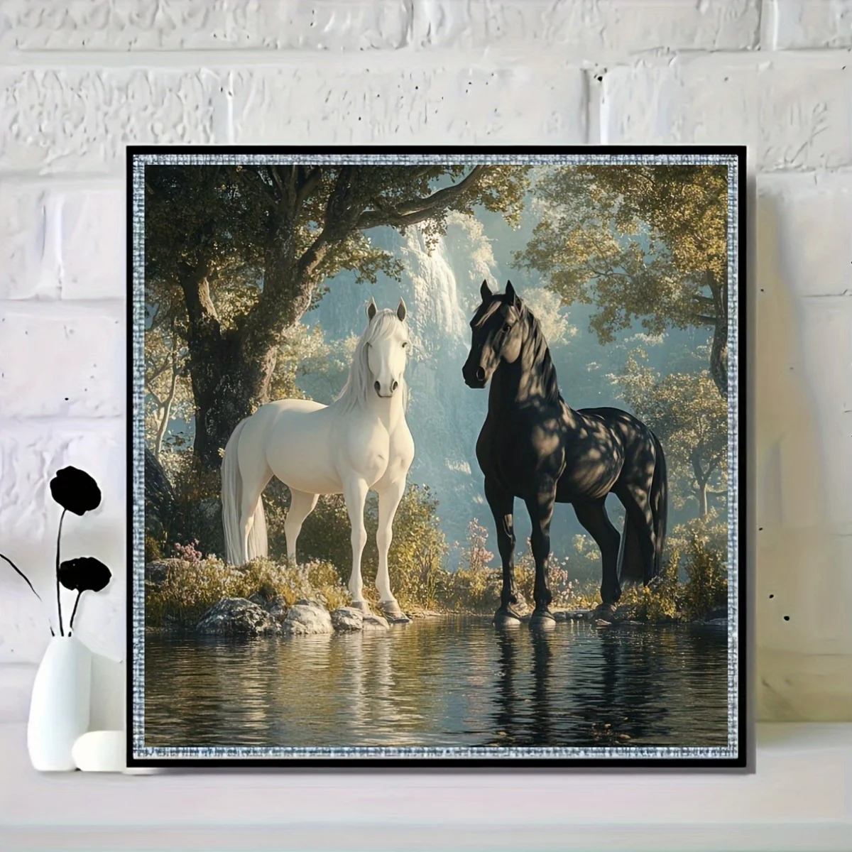 White Black Horse Tapestry Wall Hanging Majestic Equestrian Fantasy Woodland Art Decor Print Stallion Mare Home Decor Artwork