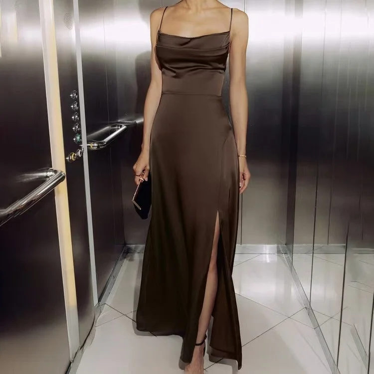 Seksowna sukienka wieczorowa z rozcięciem, na ramiączkach, w kształcie litery A, z wysokim stanem, na wesele, bez oznaczenia marki.