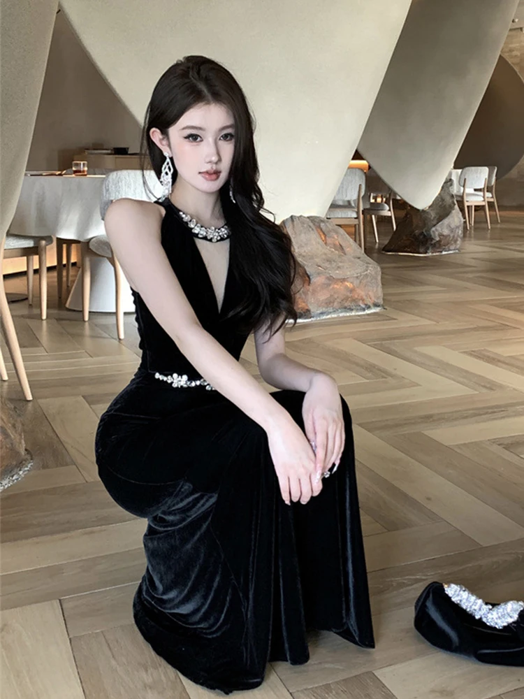فستان سهرة رسمي مثير عتيق للنساء أنيق أسود رسن بقماش شفاف لصق ذيل السمكة رداء نسائي للحفلات فيستدوس فييستا