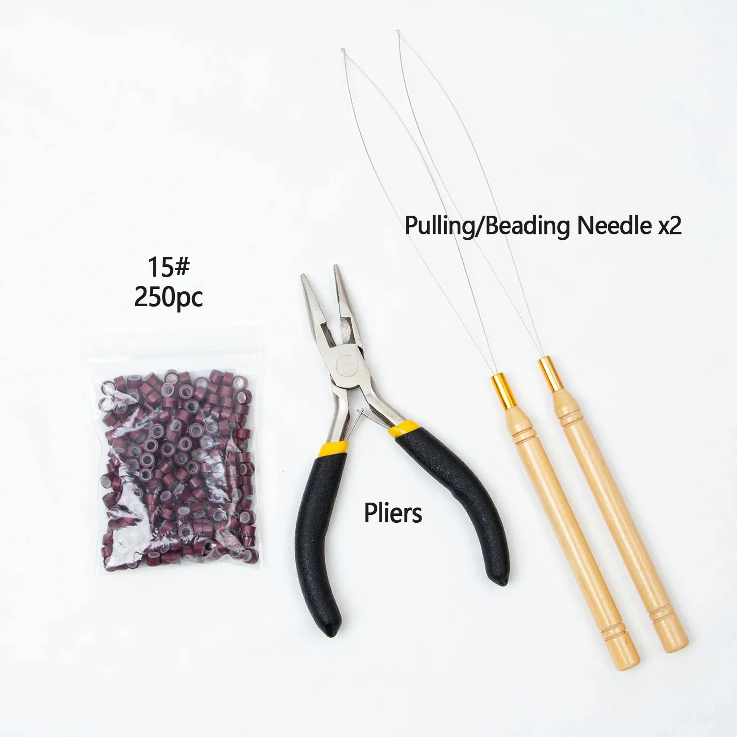 Wig installation kit includes hair extensions pliers, Beading tool and 250pcs silicone rings for hair extension accessories
