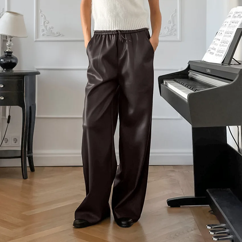 2025 Autumn Winter Fashion Gray Fleece-Lined Matte Leather Pants Vintage High-Waisted Women's Casual Trousers