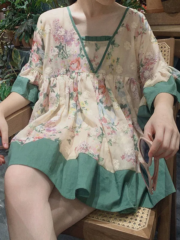 

plus Size Women's Summer Shirt Floral Embroidery Puff Sleeve Doll Top Loose Fit V-Neck Polyester Fiber Breathable Comfortable