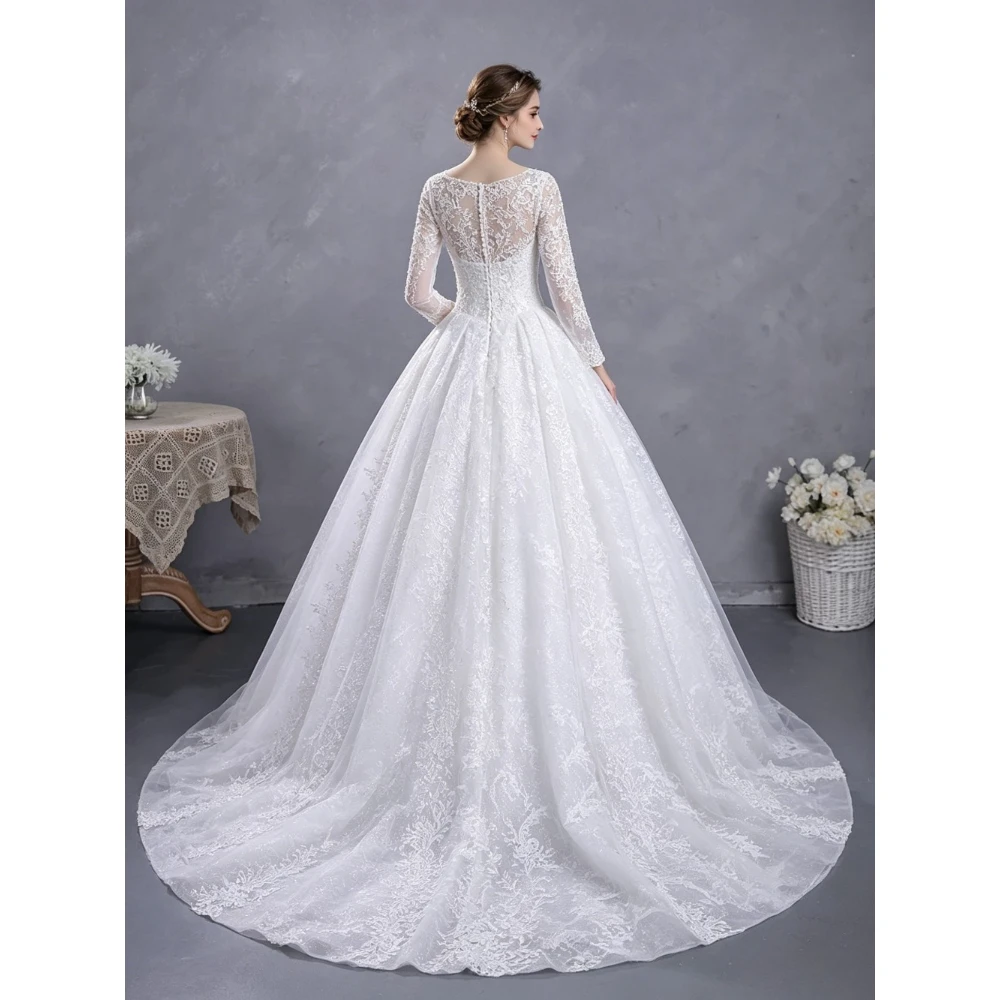 Customized Gorgeous Lace Princess Ball Dress 2026 Long Sleeves Transparent Chiffon Hollow Decal Bridal Gown Elegant Lace Back