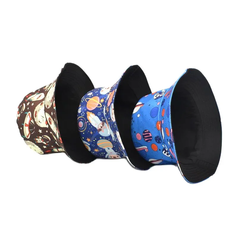 Amber Cartoon Bucket Hat Space Planet Vehicle Print Panama Fisherman Hats Double Sides Reversible Parent-child Outfit New Style