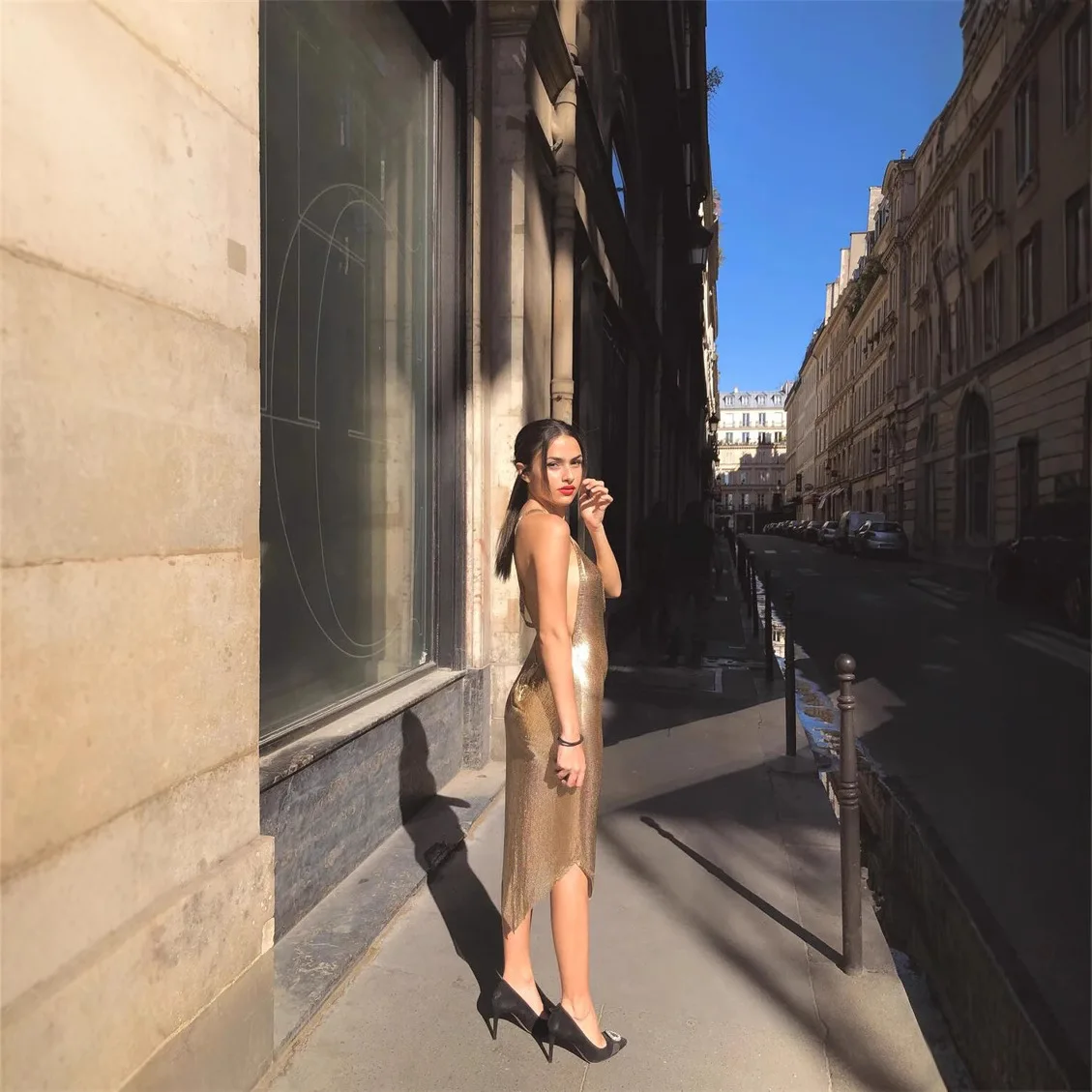 ストリートスレ メタルストラップ ロングドレス スパークリングスパンコール Vネック バルクラブウェア セクシーサマー シャイニーノースリーブドレス