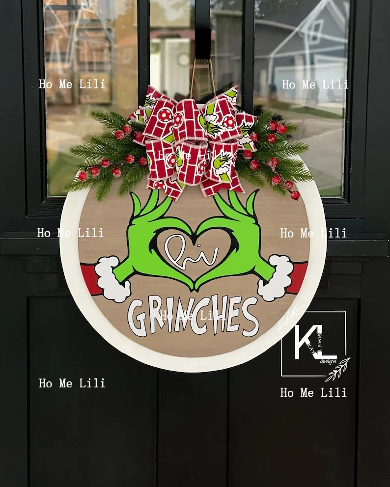 Christmas Wreath Sign Front Door Decorated With Green Witch Face Wreath Wall Art Metal Board
